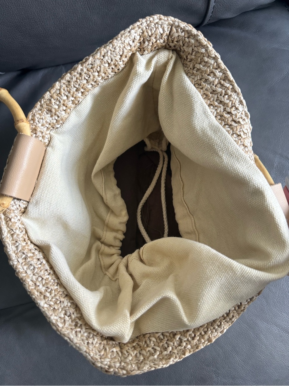 Natural Straw Tote with Bamboo Ring Handles - Picture 2 of 2